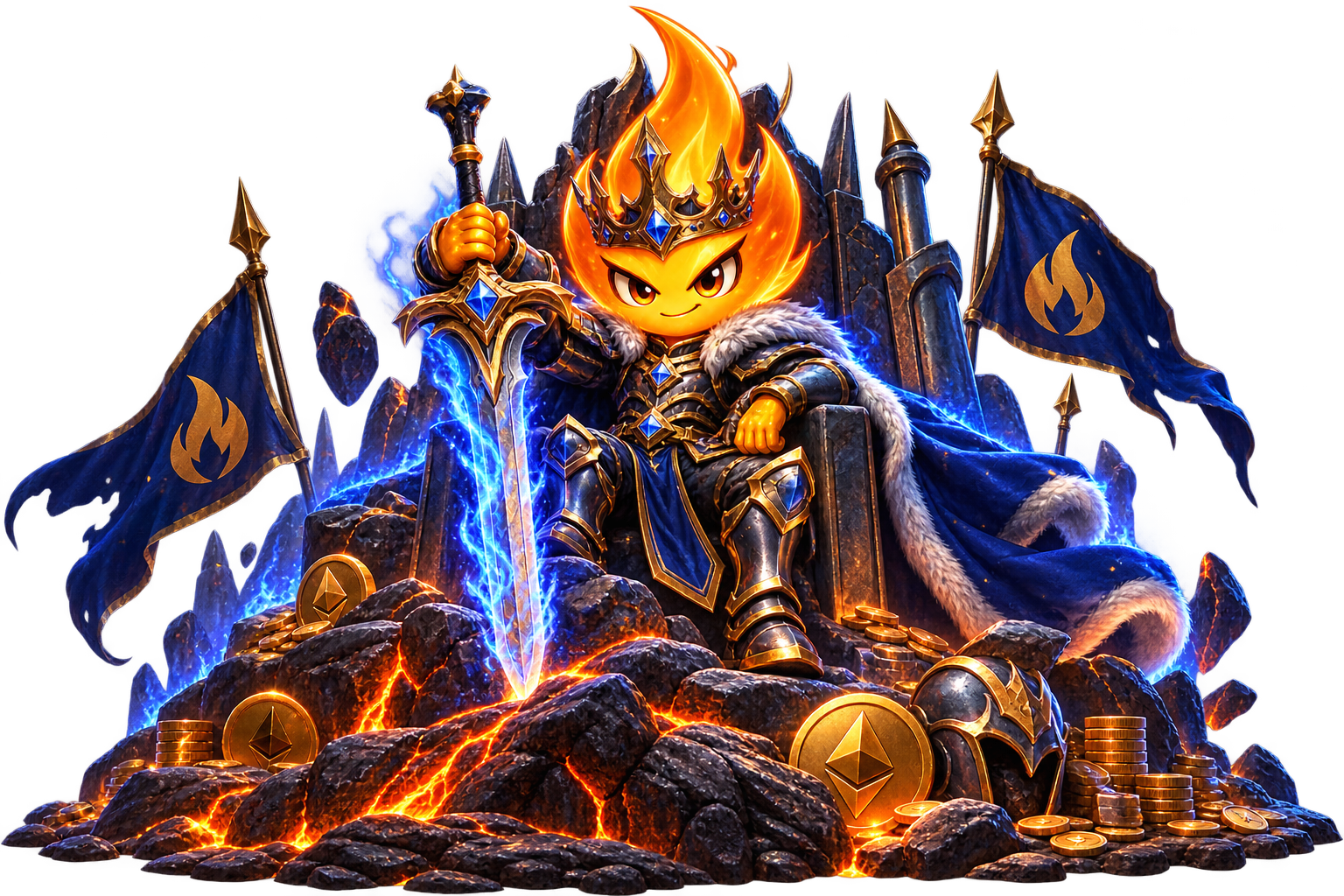 The FLAME mascot standing triumphantly atop a mound of burning rocks, crowned king of the Crucible